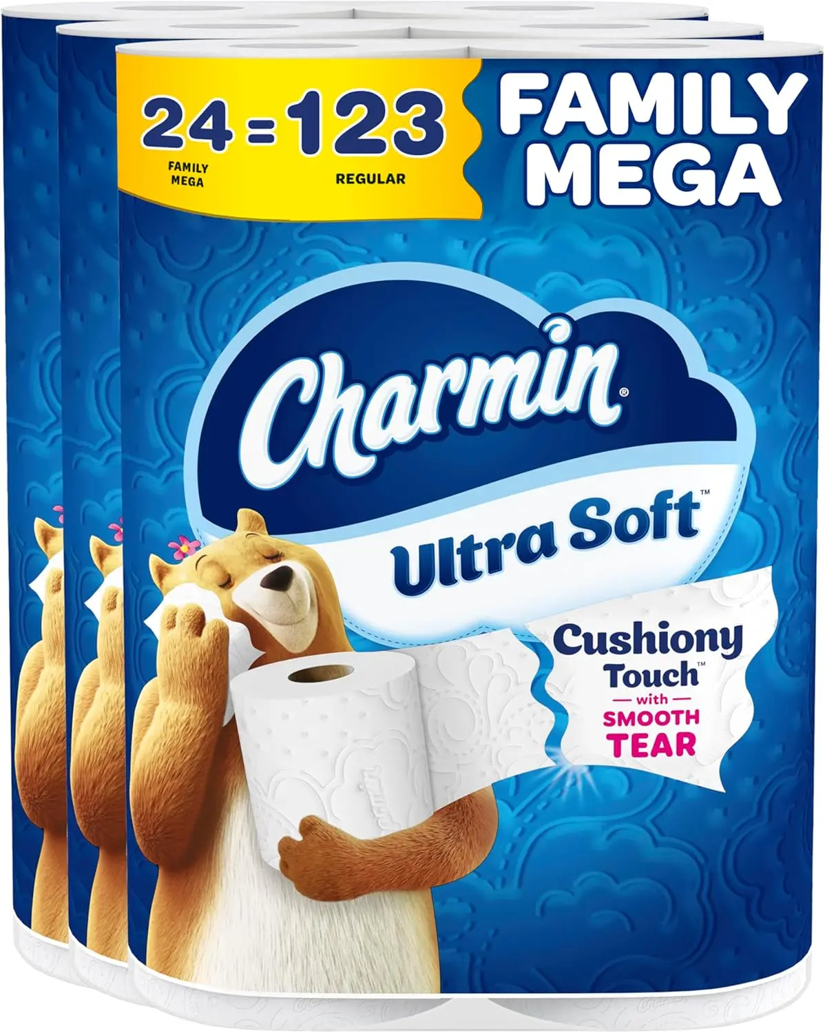 Charmin Ultra Soft Cushiony Touch Toilet Paper, 24 Family Mega = 123 Regular Rolls, White Gentle Multi-Surface Kitchen