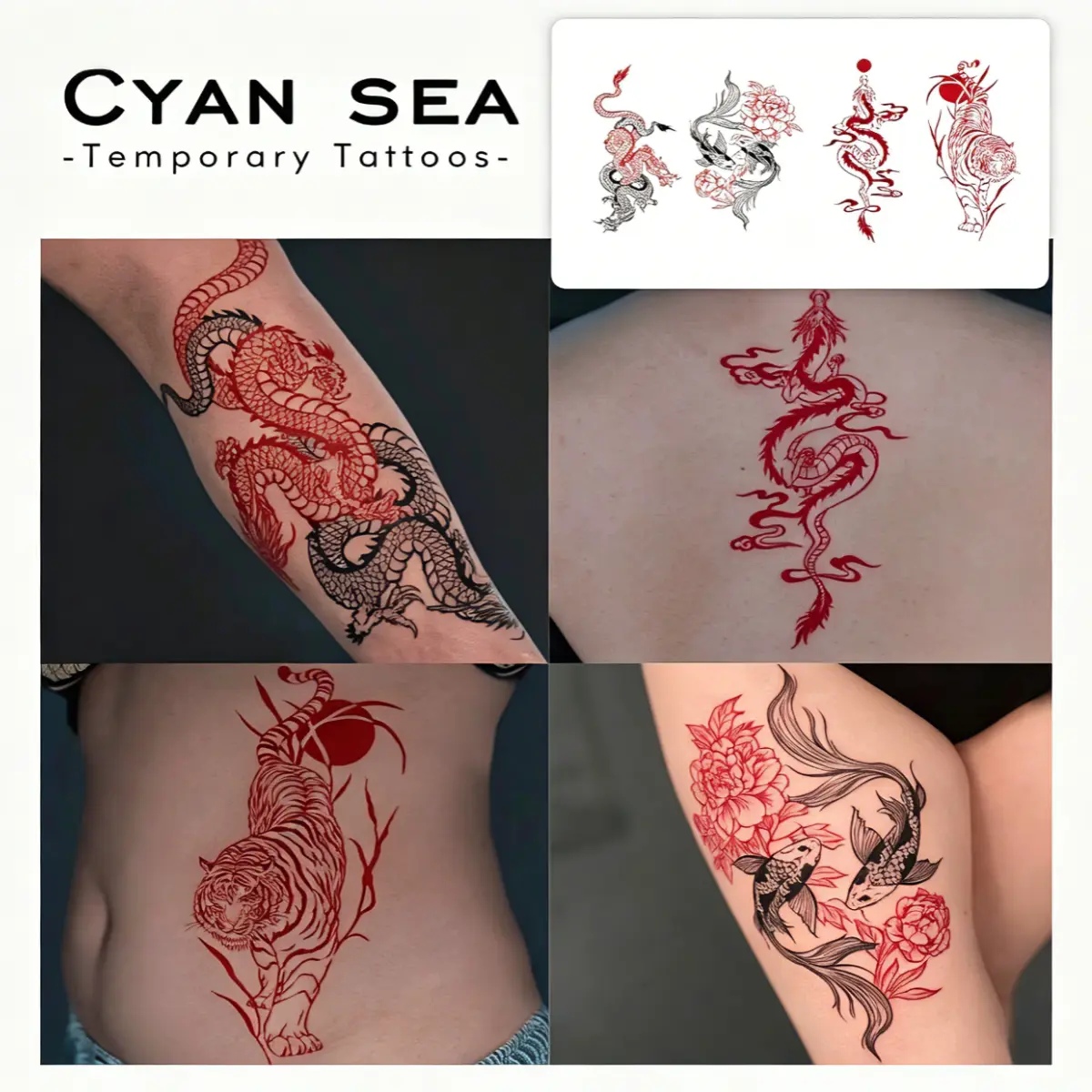 4Pcs Red Black Chinese Dragon Tiger Koi Fish Temporary Tattoos Set, Waterproof Long-Lasting Fake Tattoo Stickers, Traditional Asian Body Art for Men Women, Skin-Safe No Pain Tattoos for Arm Back