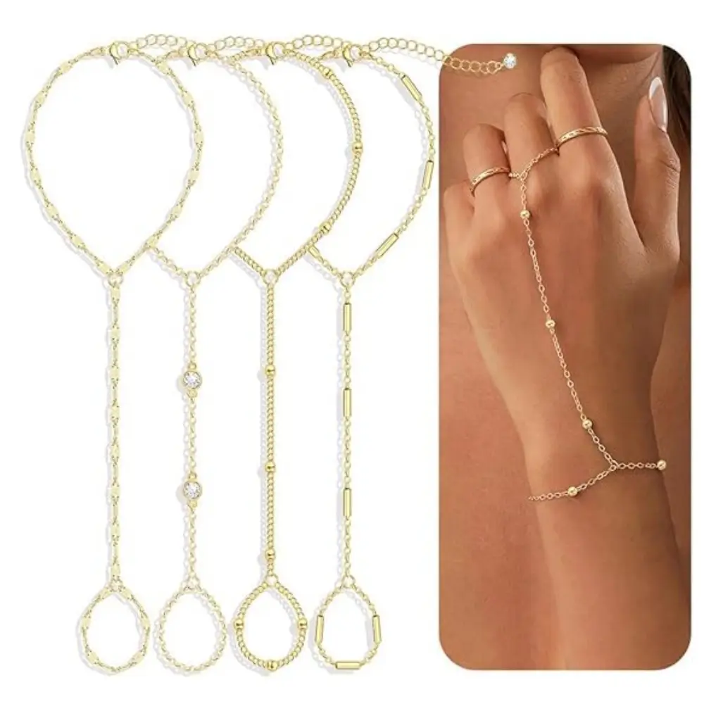 4PCS Hand Chain for Women Trendy Ring Bracelet Hand Chain Beaded Finger Ring Slave Bracelet Stack Jewelry Gifts for Women