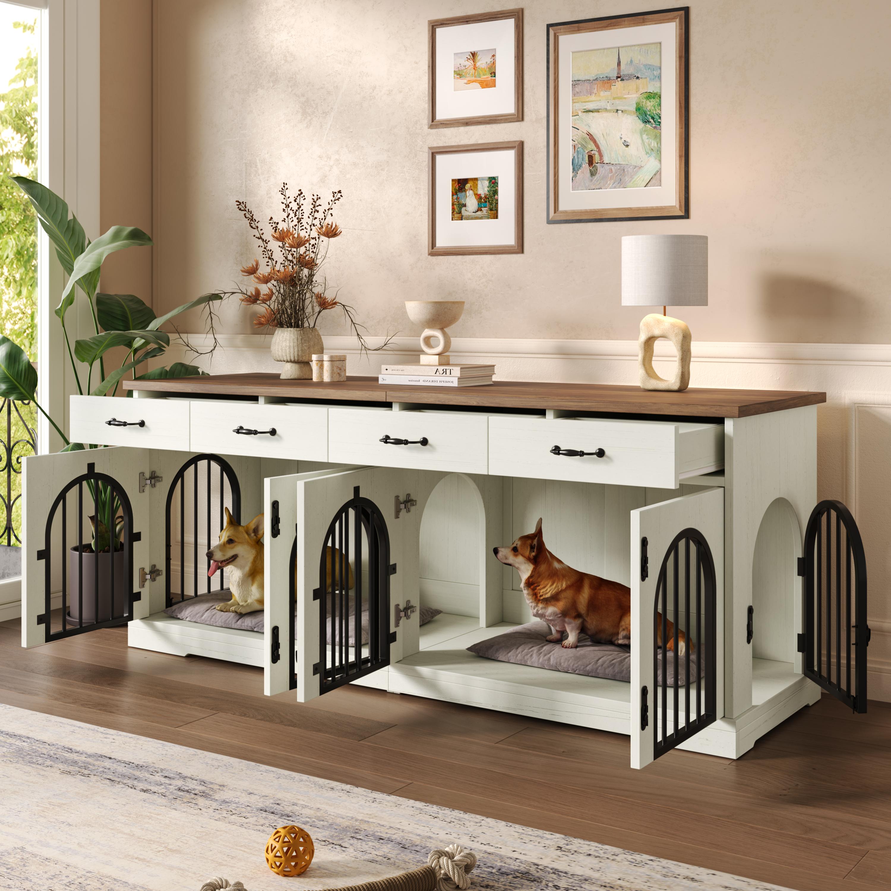 70.8" Large Dog Crate Furniture for 2 Dogs, Dog Kennel Indoor with Removable Divider Door and 4 Storage Drawers, End Table, Dog Crate TV Stand with 4 Doors for Medium Small Dogs, White and Brown
