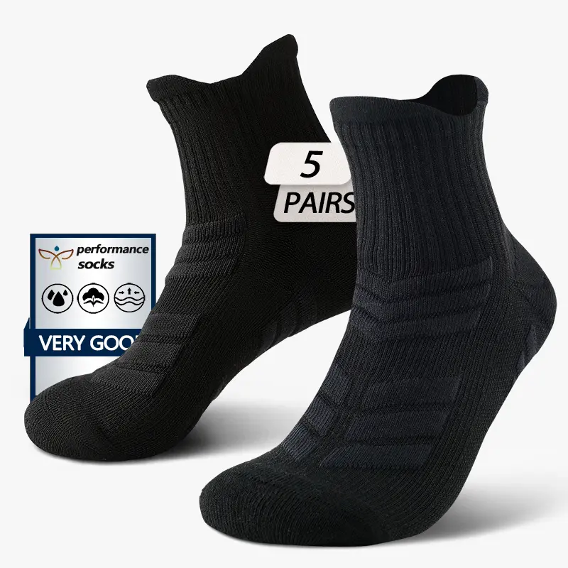 Men's 5-Pair Cotton-Polyester Blend Solid Calf-High Socks, Winter Thick Towel Bottom, Anti-Slip, Shock-Absorbent, Durable, Multi-Function Water-Absorbent Sports Socks for Long-Distance Running, Basketball