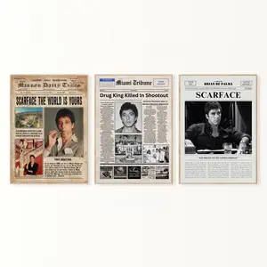 Drug King Killed In Shootout Newspaper Poster Canvas Print Wall Decor, Al Pacino, Retro Newspaper Film Print, Scarface Movie Wall Art