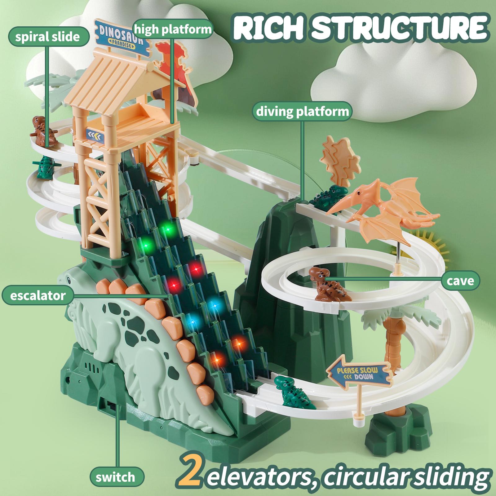 Dinosaur Chasing Race Track with Double Loop, 5 Mini Dinosaur Cars, Climbing Slide Toy with Lights & Music, Fun Stair Climbing Toy for Kids