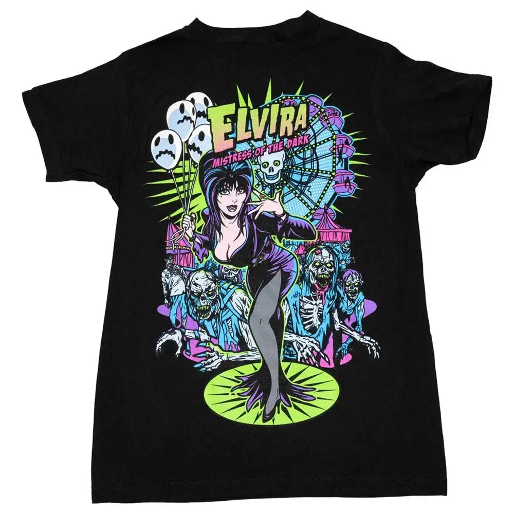 Women's Plus Size Short Sleeve Casual Graphic Top - Soft Cotton Retro Horror Carnival Spooky Digital Print Round Neck Loose Gothic Halloween T-Shirt, Zombie Ferris Wheel Design, Custom-Made for Halloween Parties