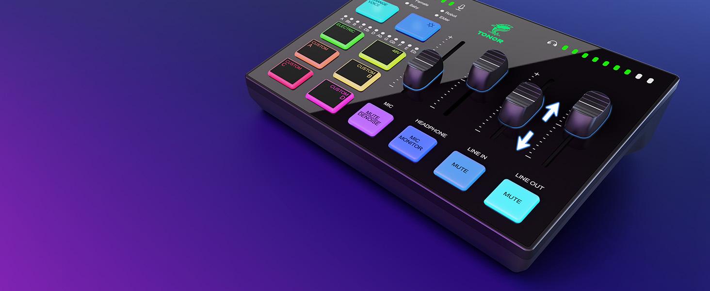 TONOR TX310 Gaming Audio Interface, RGB Mixer with Pro-preamp, 6.5mm & XLR Channels, Support for Instrument Input, for Gaming & Live Streaming