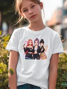 1pc Girls' Fashion Random Print T-Shirt, Comfortable and Soft, Suitable for Spring and Summer, Stylish Casual Versatile Girls' T-Shirt