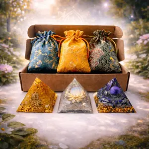 Decorative Pyramid Gift Set–3 Resin Pyramids with Embroidered Pouches & Gift Box