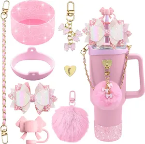 Bling Cup Accessories For 40oz & 30oz Tumbler Including Silicone Cute Bow Straw Topper Cover, Silicone Cup Boot, Leather Water Bottle Handle Strap, Charms(no Cup)