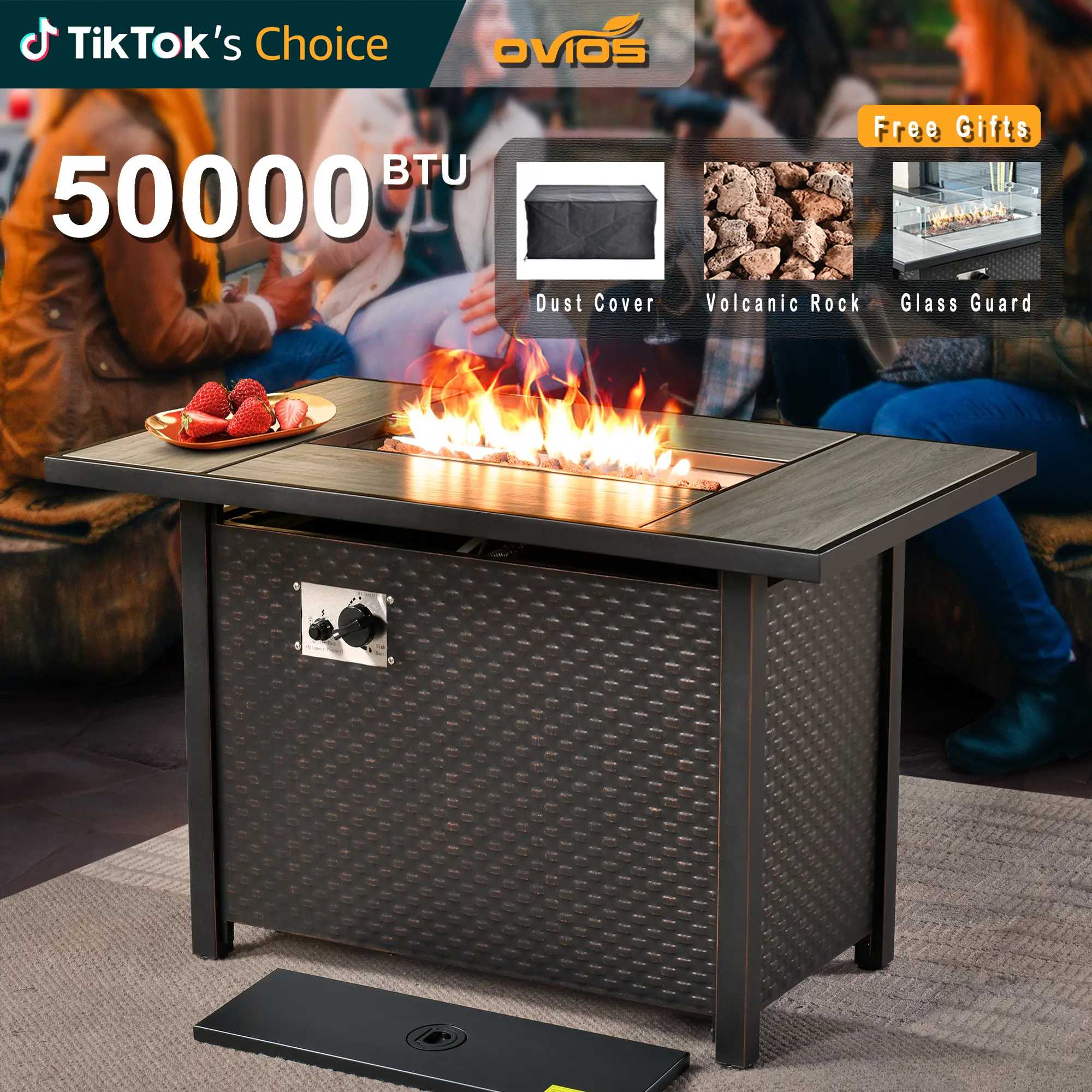 【Summerfinds】OVIOS 42"/54" Propane Fire Pit Table, 50,000 BTU Outdoor Gas Fire Pit with Glass Wind Guard, Lid & Lava Rocks, CSA Listed Steel Fire Table for Patio, Deck, Backyard & Garden