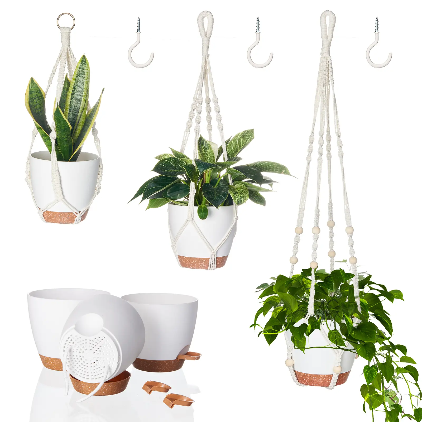 Bamworld 3-Pack Handmade Cotton Cord Hanging Planters - Vintage Flexible Woven Round Self-Watering Portable Garden Planters (3 Sizes) for Flower Garden, Plant Decor Gifts, Home Balcony Ceiling Use, Round Planter
