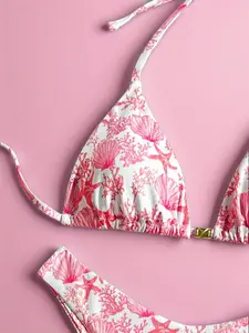 Coral Reef Print Bikini Set - Halter Triangle Top & Cheeky Side-Tie Bottoms Women Cute Bottoms Y2K Coastal Beach Swimwear