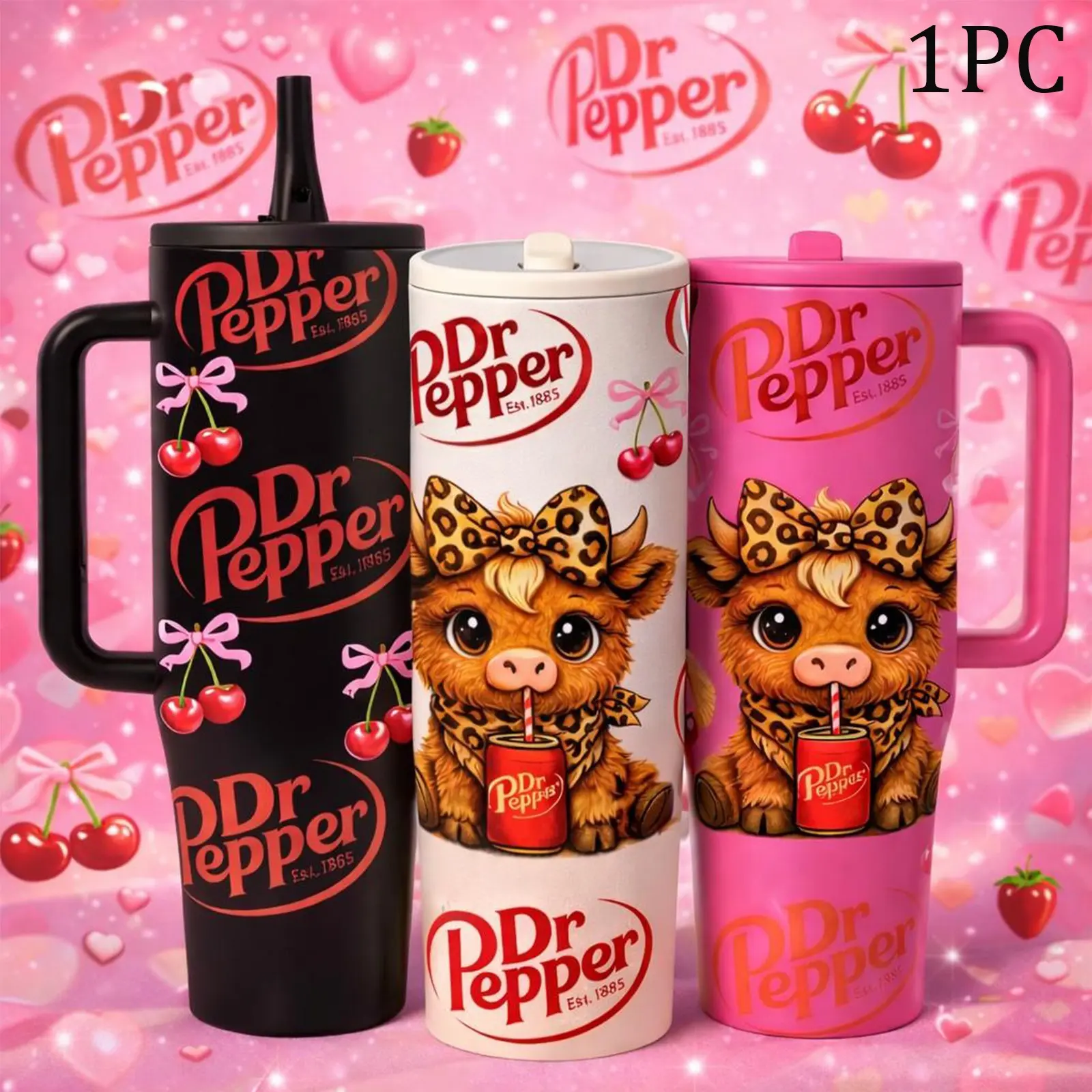 40oz Insulated Mug, Insulated Cups, Dr Pepper Soda Print Insulated Tumbler, Double-Wall Vacuum Insulated Stainless Steel with Straw Lid & Handle, Leak-Proof Thermal Mug Keeps Drinks Hot 12H and Cold 24H, Valentines Birthday Gift