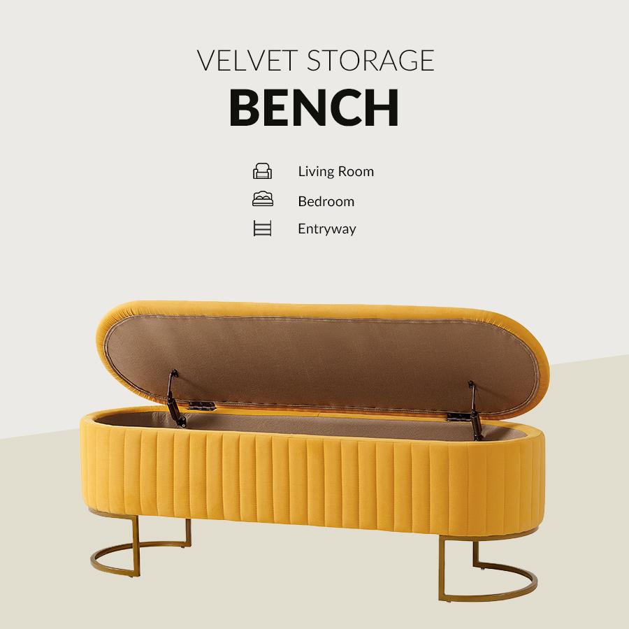 HULALA HOME 50.5" Storage Ottoman Bench Velvet Upholstered with Glossy Metal Base Flip-Top Lid End of Bed Bench for Bedroom & Entryway Classic Design