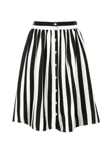 INSPIRE CHIC Striped Button Front Elastic Back Waist A-Line Midi Skirt White Black