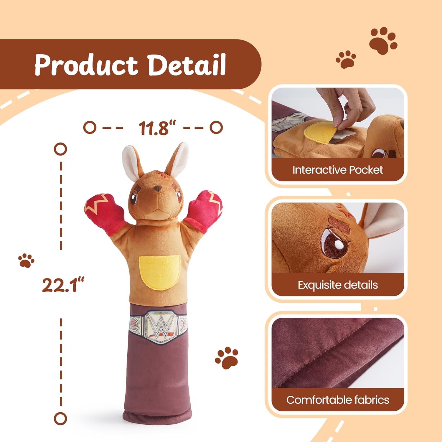 Cat Wrestling Toy, 22-Inch Kangaroo Puppet with Catnip Pouches & Treat Pocket, Reinforced Protective Glove for Kicking & Kicks, Bonding Toy for Cats of All Ages