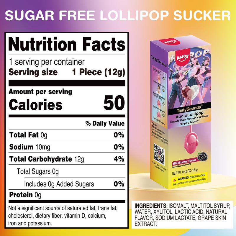 Amos TastySounds Music Lollipops – Sugar-free heart-shaped candies with bone conduction music tech | K-pop inspired Strawberry, Blueberry, Watermelon, Blackberry Fallontonight lollipop star