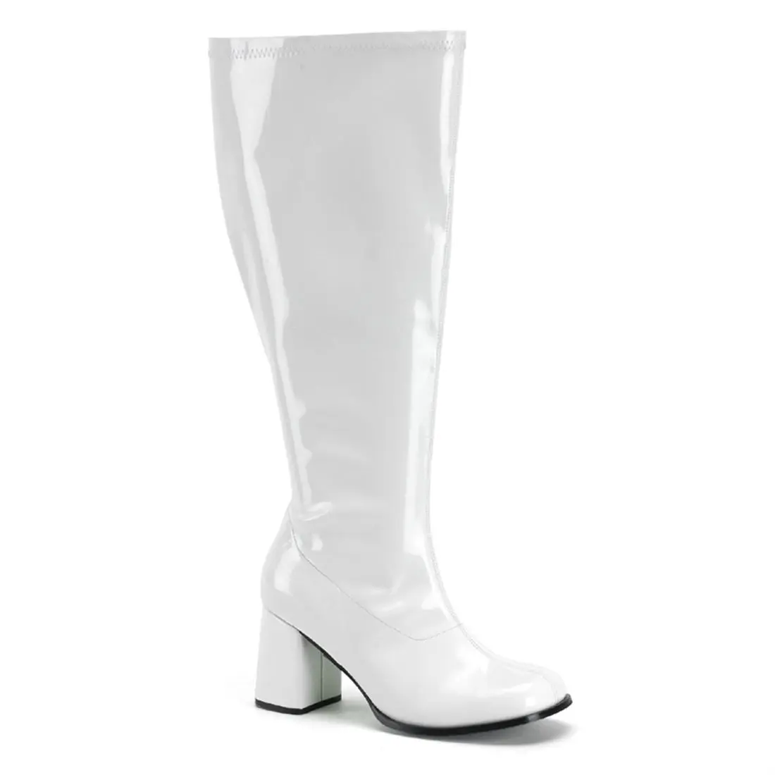 Plus Size Gogo Knee-High Footwear, Stylish Stretch Patent Shoe with 3" Heel and Full Side Zipper for Parties, Boot, Women, Party, Block Heel, Chic, Statement Shoes, 3 In