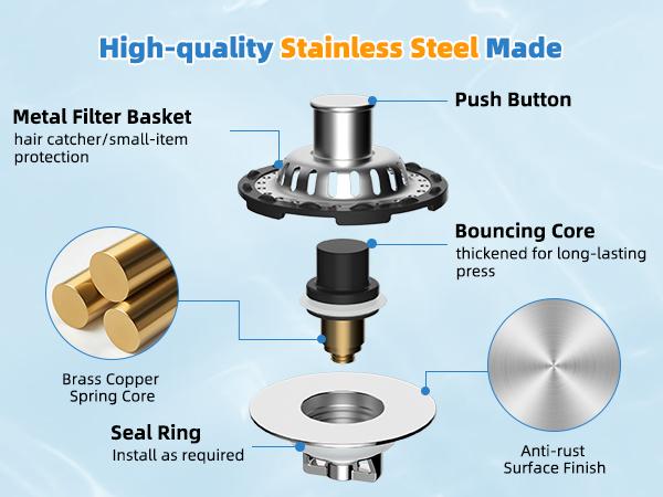 Hibbent Upgraded Bathroom Sink Drain Stopper with Visible Top Stainless Steel Filter Basket Hair Catcher 3 in 1 Pop-up Sink Strainer Fit for Standard 1.1''~2.36'' Basin Hole Chrome Finish