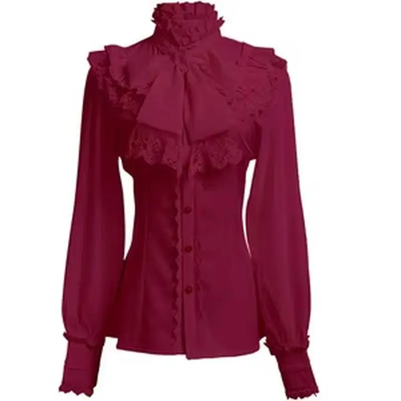 Women Gothic Lolita Victorian Blouses | Medieval Lace Bow Long Sleeve Top | Retro Renaissance Slim Fit Shirt Lugentolo