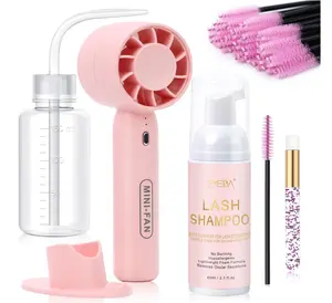 EMEDA Lash Shampoo Kit 2.02 fl oz Lash Cleaning Kit with Rechargeable Fan Dryer/Brush/Rinse Bottle, Oil-free Cleanser Wash for Extensions & Clusters & Natural Eyelashes, Cleaner for Eyelash Care