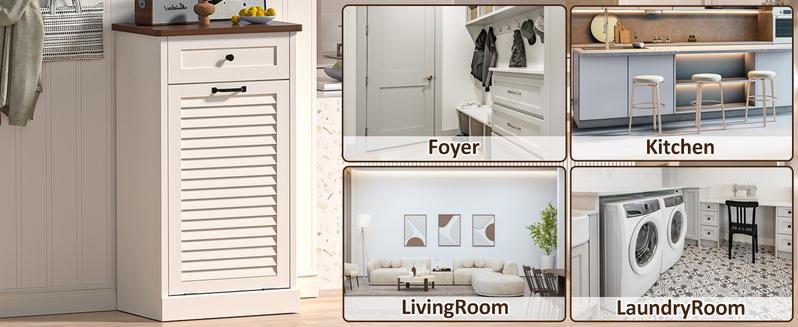 【Does Not Include Trash Can】 Spurgehom Maximize Your Space: Freestanding 13 Gallon Cabinet Discreetly Combines a Tilt-Out Trash Can, Laundry Hamper & Drawers. Keep Your Kitchen or Living Room Organized and Clutter-Free