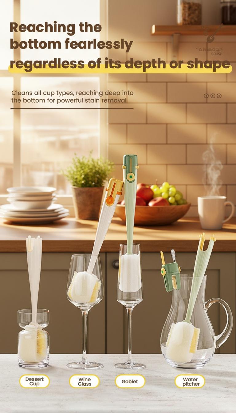 5-in-1 Multifunctional Bottle Scrubber Set – Straw Brush Included, Cleans Bottles, Cups, Straws & More (Cream White/Jasmine Green)