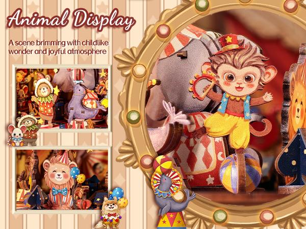 CUTEBEE DIY 3D Puzzle Kit Animal Carnival – Wooden Rotating Miniature Theater Music Box with LED Light, Handmade Creative Home Decor | Holiday, Christmas and Black Friday Gift