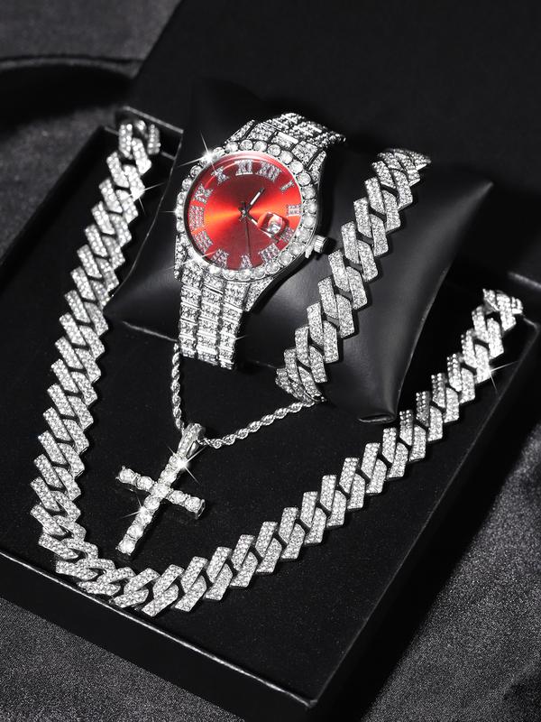 Luxury Punk Watch Set with Necklace Bracelet Cross Pendant, Analog Quartz Movement, Adjustable Strap, Unisex Gift Box for All Seasons, Fashionable Jewelry Set