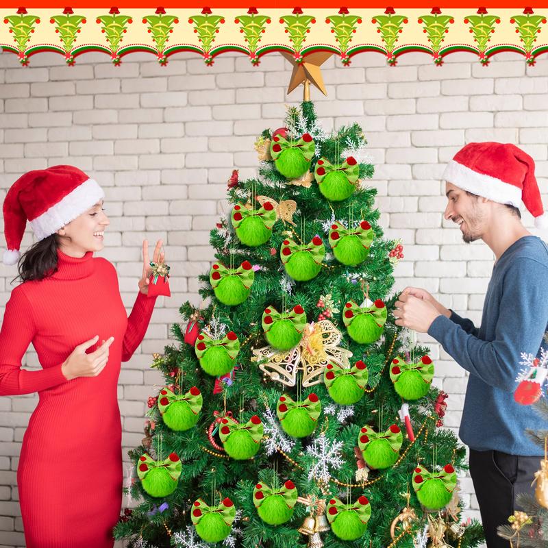 Christmas Clearance Sale Christmas Ornaments 12 Pcs Lime Green Furry Christmas Balls with Bows or Red Heart Cute Green Monster Christmas Decorations Hanging Ornaments for Xmas Tree Holiday Party Home Wall Christmas Decor Christmas White Elephant Gifts