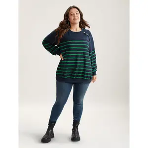 【Summer Turn-Up】BLOOMCHIC Plus Size Striped Patchwork Button Detail Sweatshirt [M-6X] 2026 Summer Vibes Swimweek