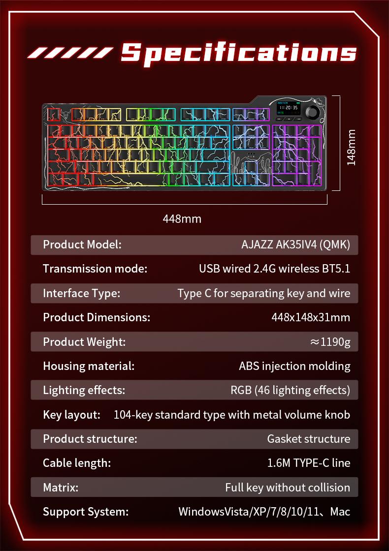Ajazz AK35I V4 QMK Full-Size Wireless Ergonomic Mechanical Gaming Keyboard with Rotary Knob and Smart Screen Numeric Keypad. The perfect choice for both gaming and office use. Cream-colored keyboard. Christmas gift.