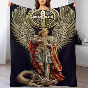 Saint Michael the Archangel Throw Blanket - St. Benedict Medal & Dragon Slayer Design, Soft Flannel for Catholic Devotional Home Decor Christian Faith Based Gift for Men