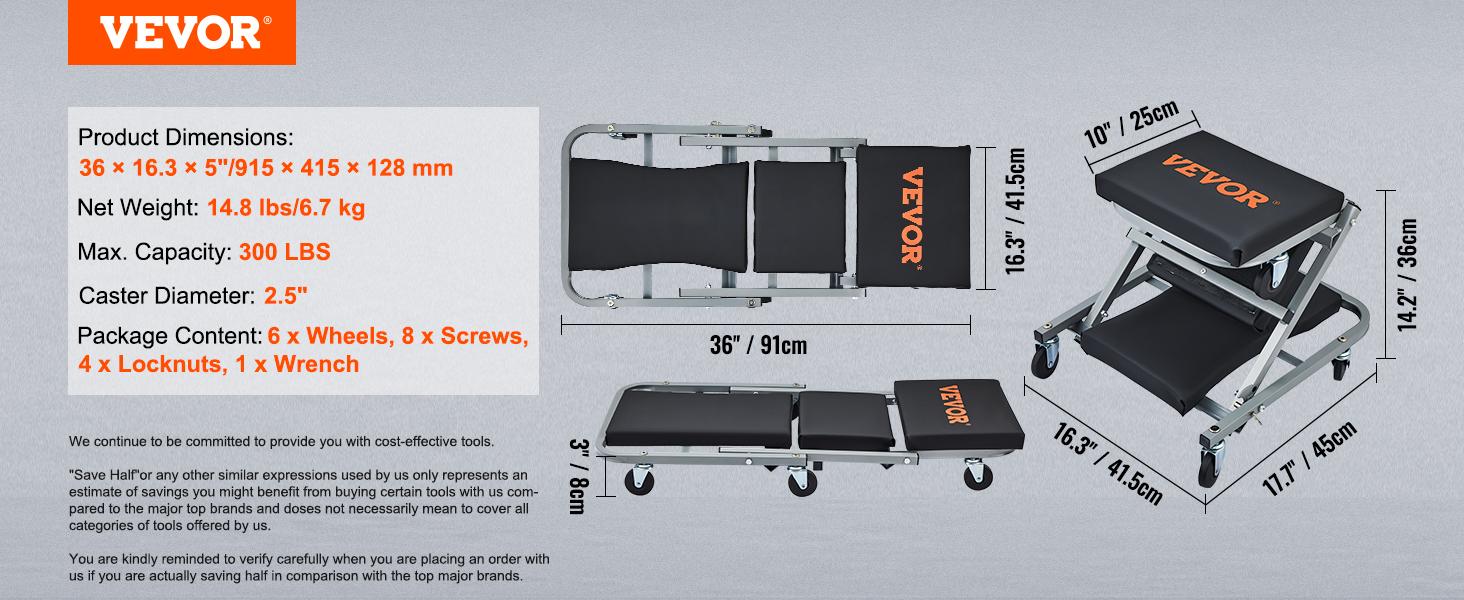 VEVOR Z-Creeper Seat, 2 in 1 Rolling Folding Car Creeper/Stool, 300 lbs Capacity Mechanic Creeper, Low Profile Creeper with 6 pcs Wheels for Garage, Shop, Auto Repair, Lay Down or Sit, Black