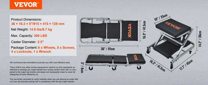 VEVOR Z-Creeper Seat, 2 in 1 Rolling Folding Car Creeper/Stool, 300 lbs Capacity Mechanic Creeper, Low Profile Creeper with 6 pcs Wheels for Garage, Shop, Auto Repair, Lay Down or Sit, Black