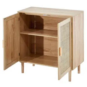 Rattan Cabinet Storage with 2 Magnetic Doors & Adjustable Shelves Natural