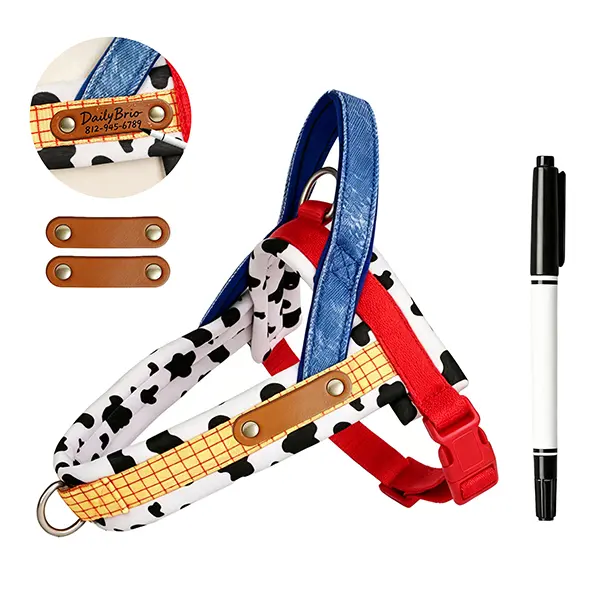 DailyLeap Step-In Dog Harness Vest - Escape-Proof, No-Choke Padded, Detachable, Universal, Tear Resistant, Typo-Proof, Non-Customized with 3 Writable Leather Patches, Free Marker, Instant Handwriting ID Name Tag, Space Ranger & Cowboy Themes for Walking