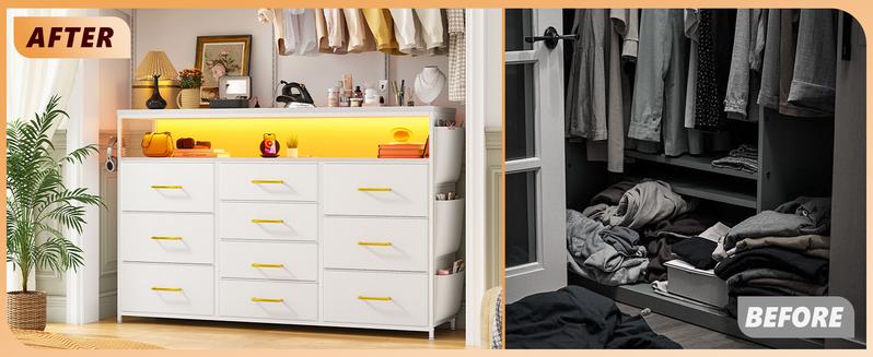 【#TikTokShopFallDealsForYou】Raybee 7/10 Drawer Dresser for Bedroom with Wood Open Shelves, 55" TV Stand with Power Outlets & LED Lights, Fabric & Chest of Drawers