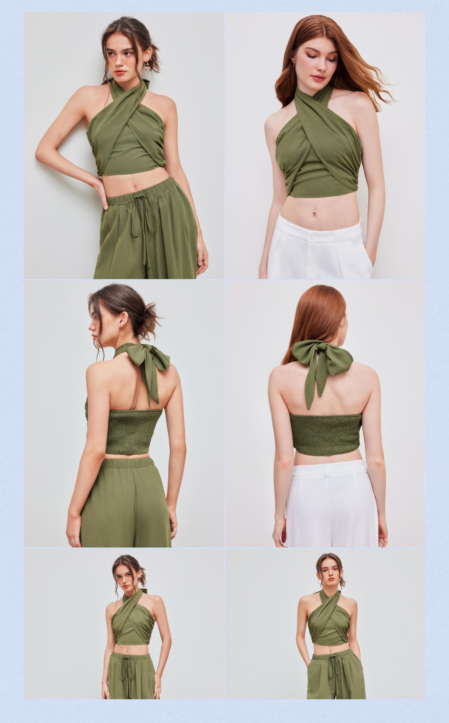 Cider [7 colors, size 0-10] Cross Halter Shirred Back Crop Top