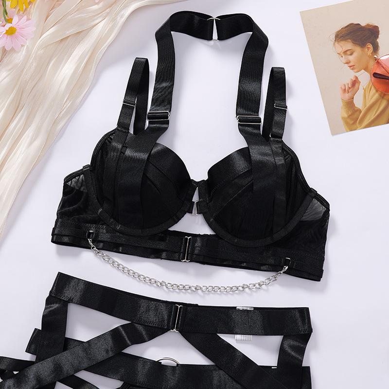 Valentine's Day Black Satin Lingerie Set for Women, Chain Harness Bustier with Crisscross Garter Straps, Romantic for Honeymoon/Anniversary, Sexy Lingerie, Set, Women, Sneaky Floral Ruffle Sleeve V Neck Push Up Bikini Custom Rhinestone Lace