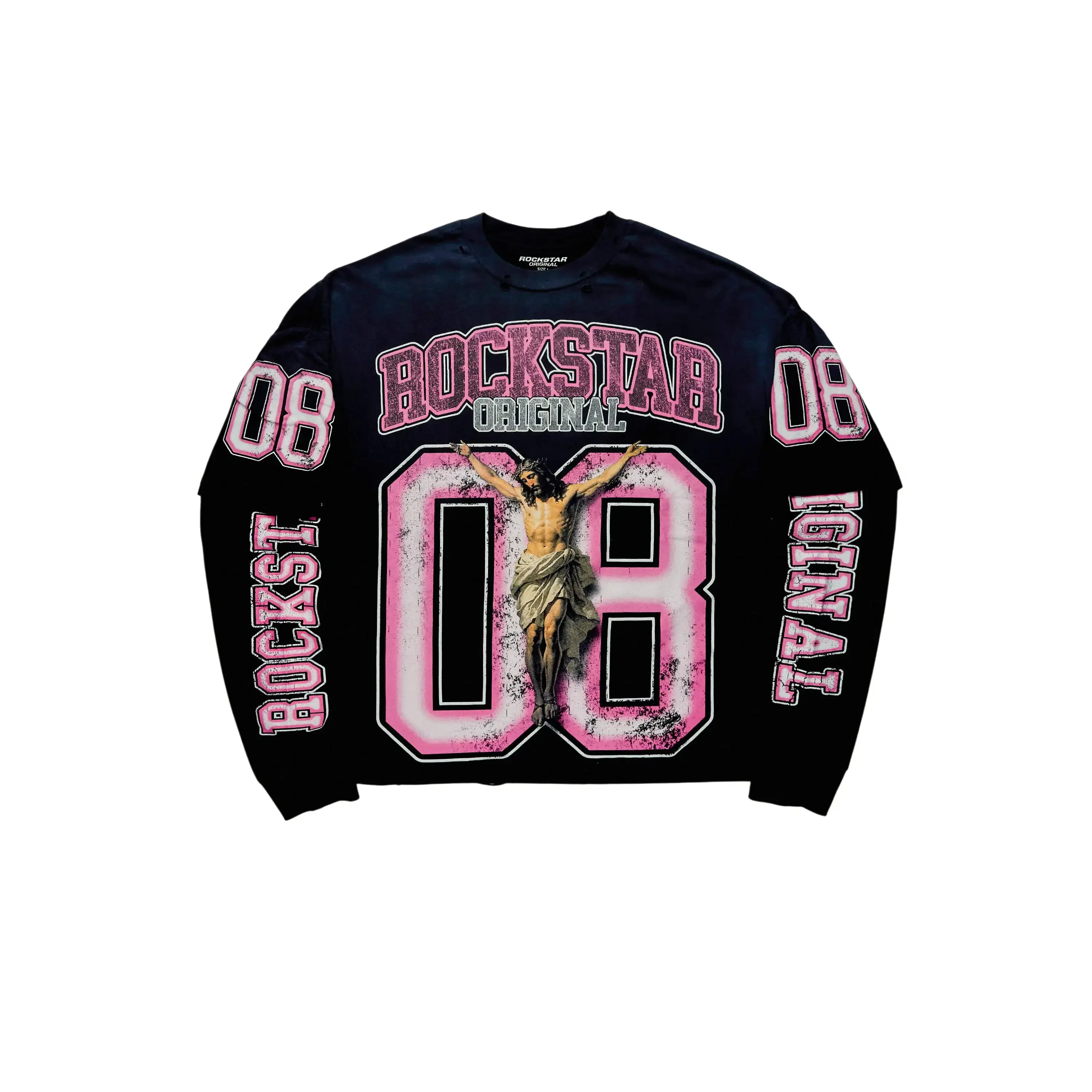 Fields Black/Pink Double Layer Distressed Long Sleeve Graphic T-Shirt
