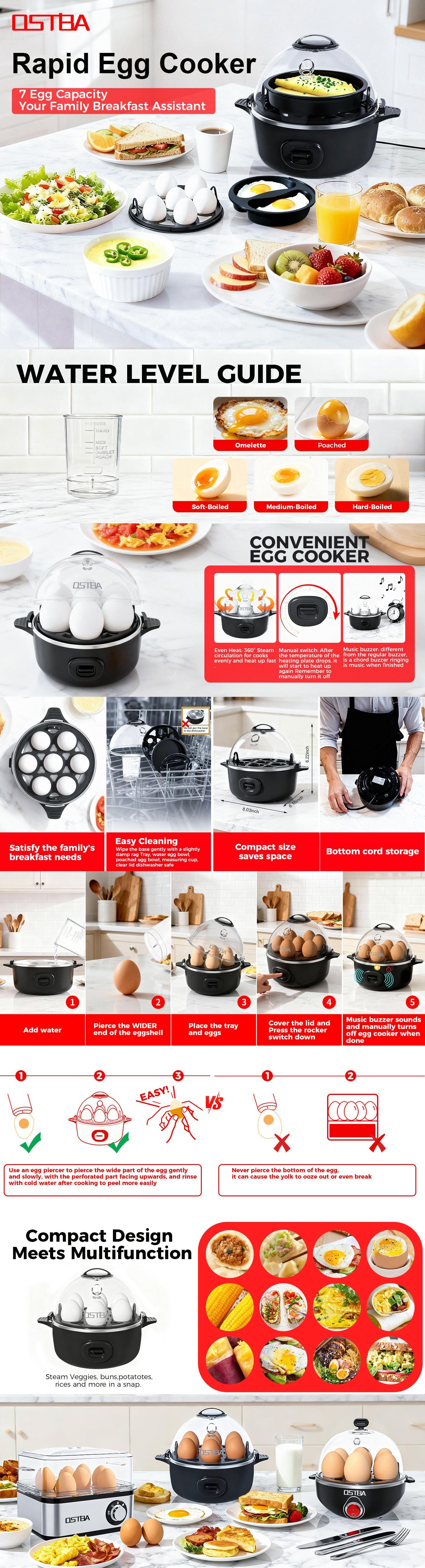 OSTBA Egg Cooker 7-Egg Electric Boiler with Manual Switch Overheat Protection Mini Food Steamer for Soft Medium & Hard Eggs Easy to Clean Portable Black Multi-Function