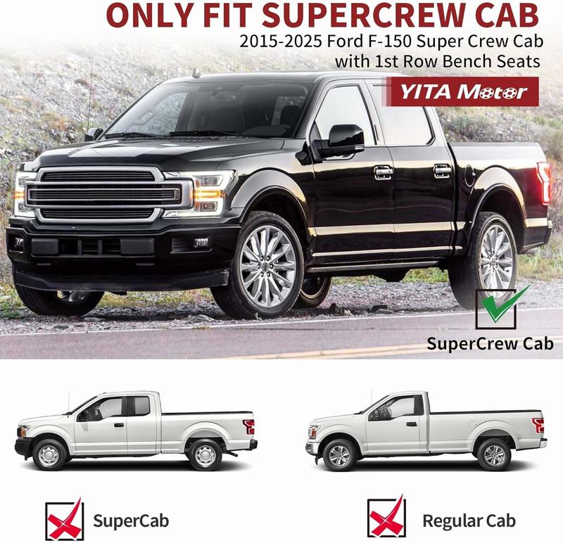 YITAMOTOR Black All-Weather Floor Mats for Ford F150 2015-2025 Super Crew Cab with 1st & 2nd Row Bench Seats Custom Fit Car Mat with Manufacturer Warranty - Truck Accessories