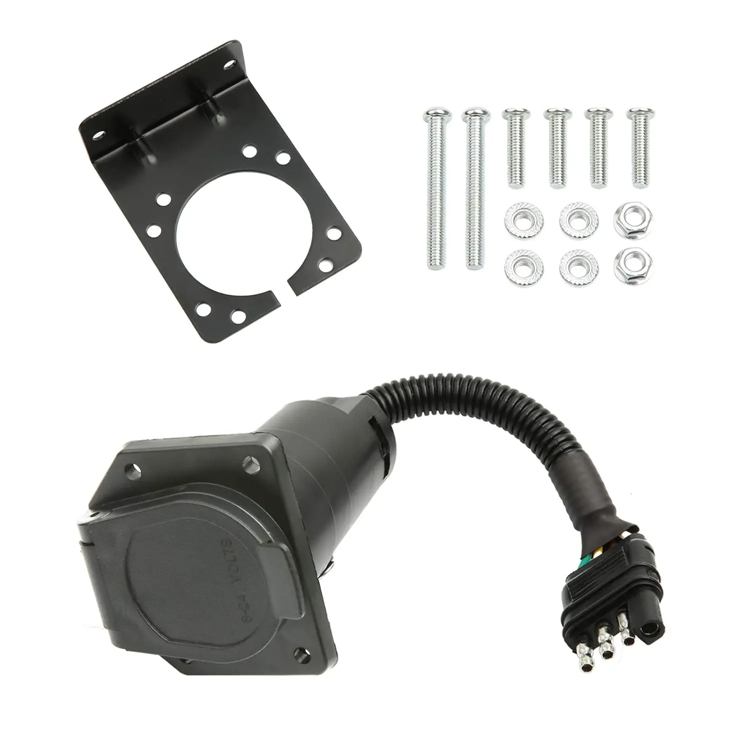 4-Way Flat-to-Round Blade Trailer Light Adapter Kit, Wiring Reverse Plug Connector, Includes Brackets, Screws & Nuts for Truck RV Towing Solutions, 4-Way Flat To 7-Way Round Blade Trailer Light Adapter