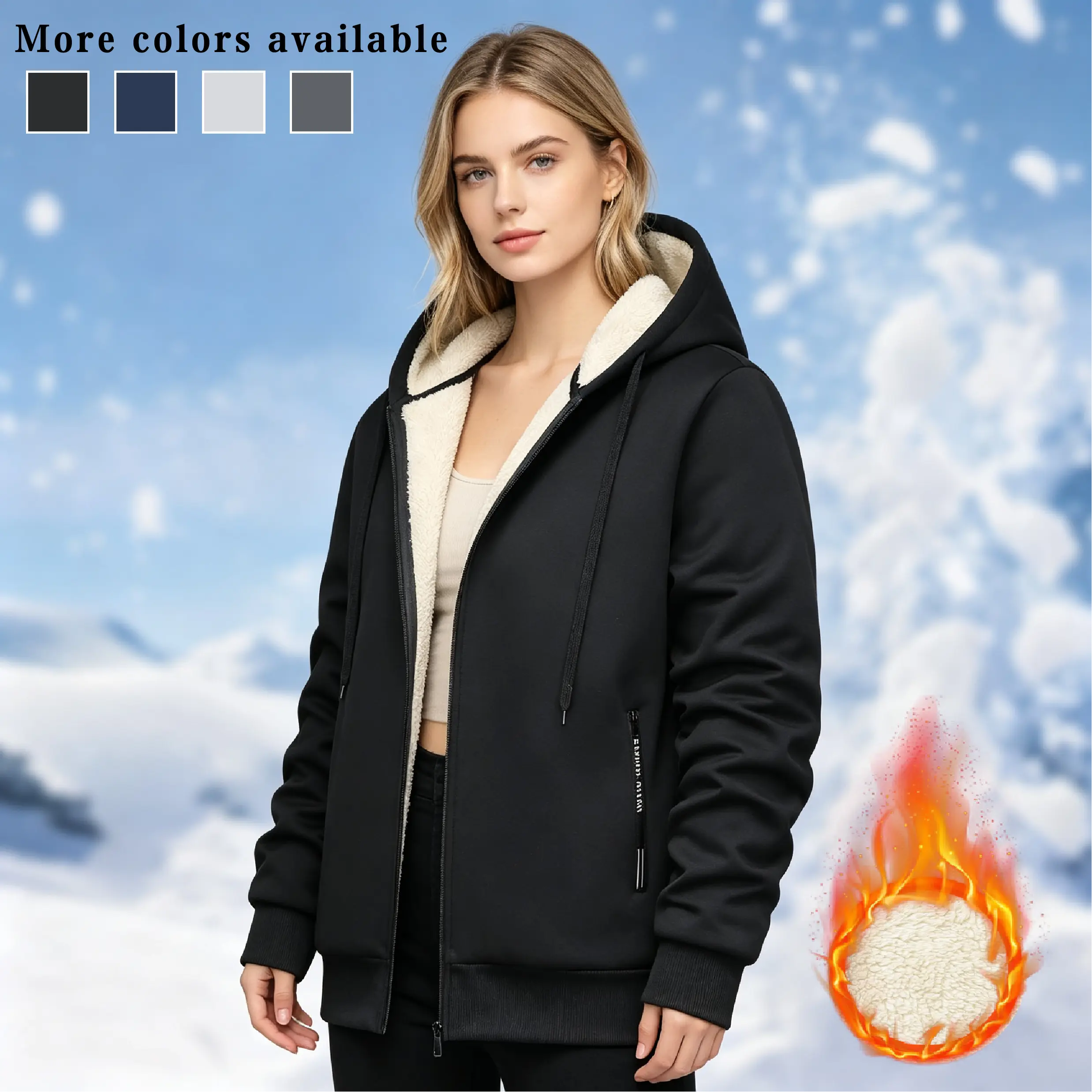 Women’s 100% polyester zip-up hoodie with sherpa lining | Perfect for snow vacations, evening walks, and casual school outfits | Enjoy plush, itch-free warmth all winter long