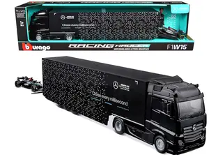 Mercedes-Benz Actros Gigaspace Car Transporter Black & Mercedes-AMG F1 #63 World Championship 1/43 Diecast Model Car by Bburago
