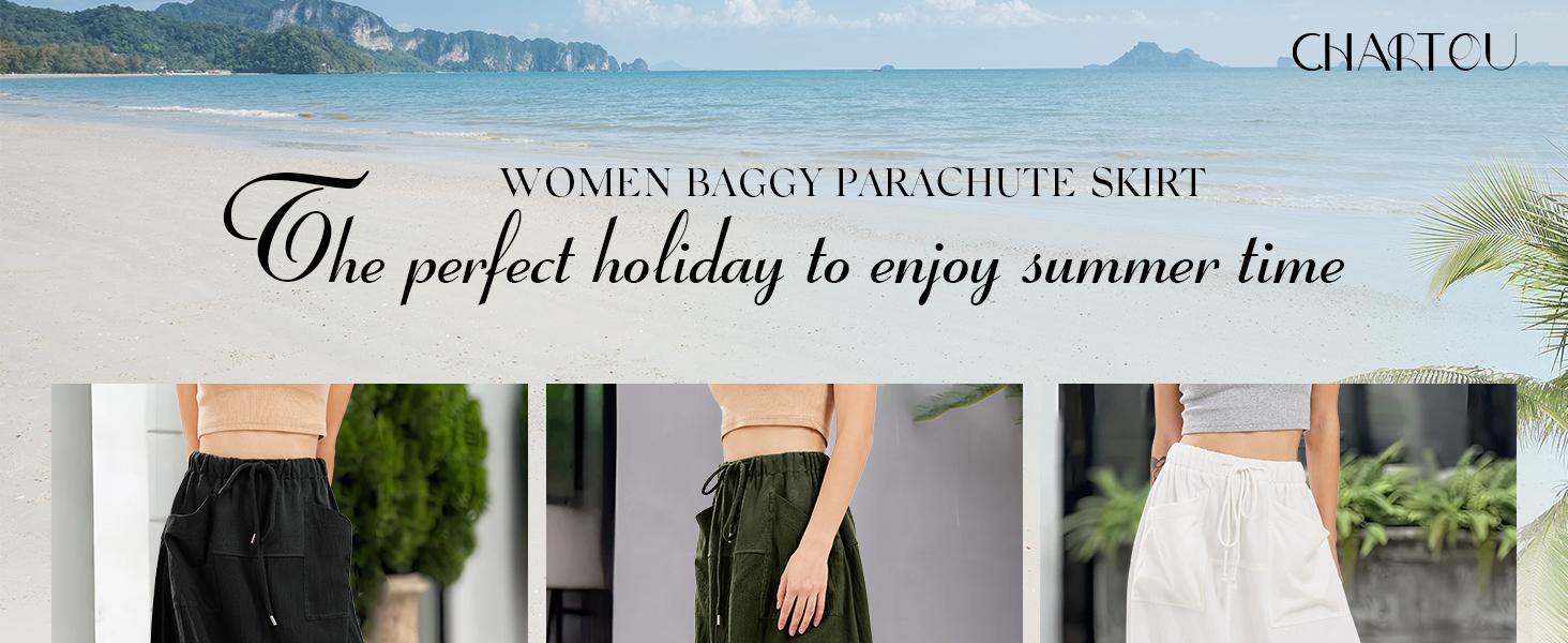 CHARTOU Women Baggy Parachute Skirt Comfy Casual Cotton Y2k Cargo Maxi Long Skirt