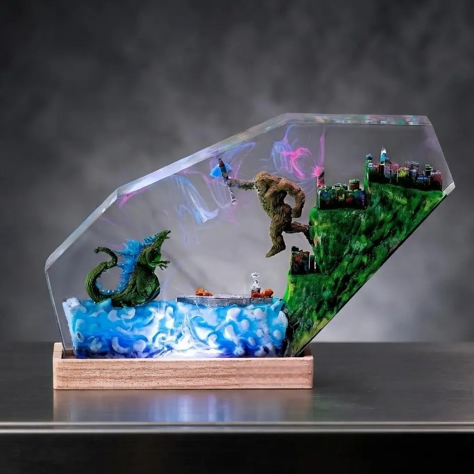 Handcrafted Epoxy Resin Diorama Night Light Featuring An Intense Legendary Monster Battle Between An Iconic Giant Ape And A Powerful Radioactive Lizard Diorama Mounted On A Premium Hand-Polished Wooden LED Base Perfect For Desk And Room Home Decor