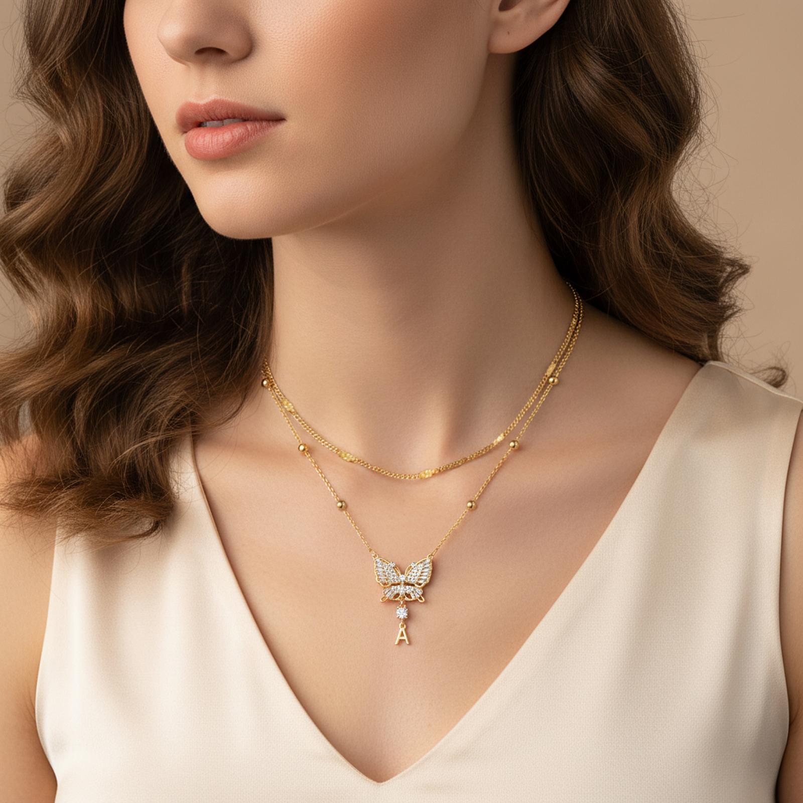 MEIITRUE Butterfly Initial Necklace for Women 14K Gold Plated 5A CZ Pendant Layered Necklace with Adjustable 18in + 2in Extender Hypoallergenic & Skin-Friendly