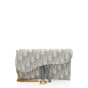 Pre-owned Dior Leather Clutches & Wristlets Oblique Small Saddle Pouch with Chain