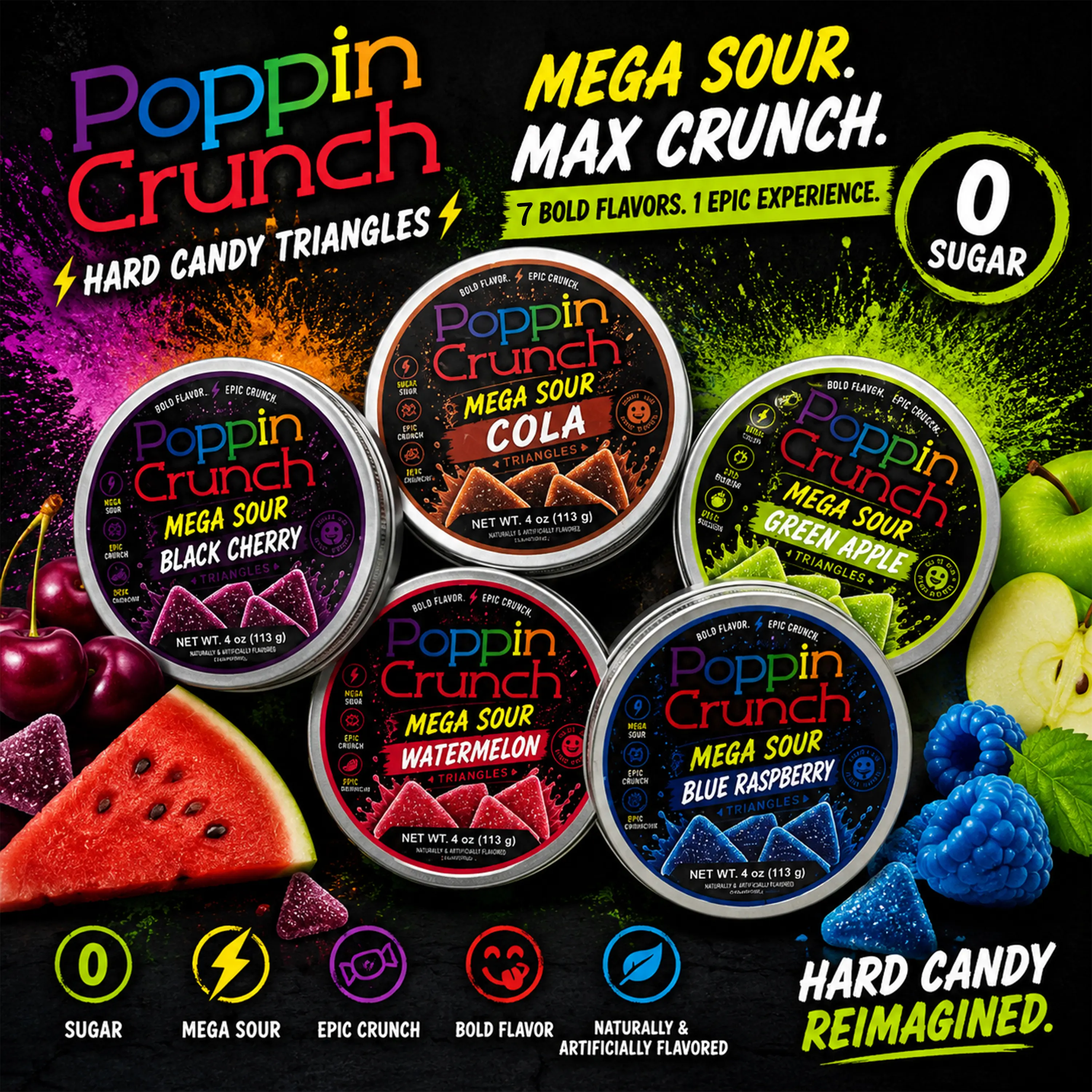 Poppin Crunch Sugar Free Mega Sour Candy Triangles